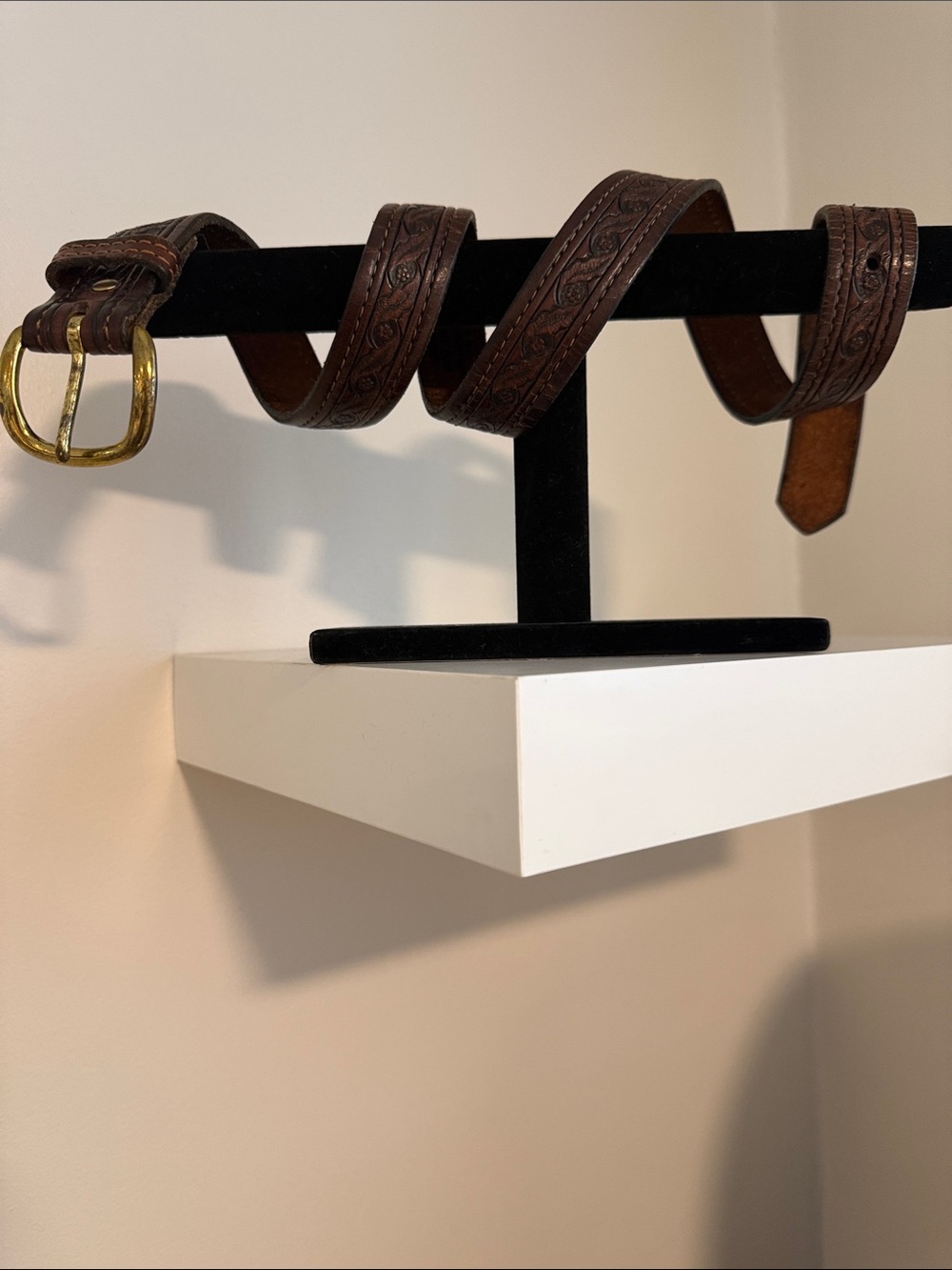 McCoy Handmade in USA Tooled Brown genuine Leather Belt with Brass Buckle UNISEX